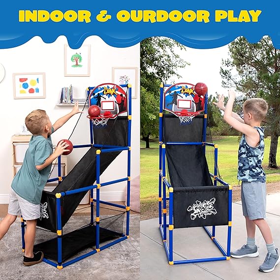 Basketball Game Set with 4 Balls and Hoop for Kids 3 to 12 Years Old Indoor Outdoor Sport Play - Easy Set Up - Air Pump Included - Ideal for Competition