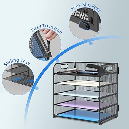 5 Trays Paper Organizer with Handle - Mesh Desk File/Letter Organizer,Black Paper Sorter for Office