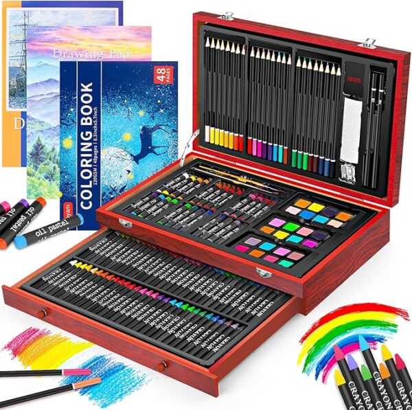 Art Supplies, 150-Pack Deluxe Wooden Art Set Crafts Drawing Painting Kit with 1 Coloring Book, 2 Sketch Pads