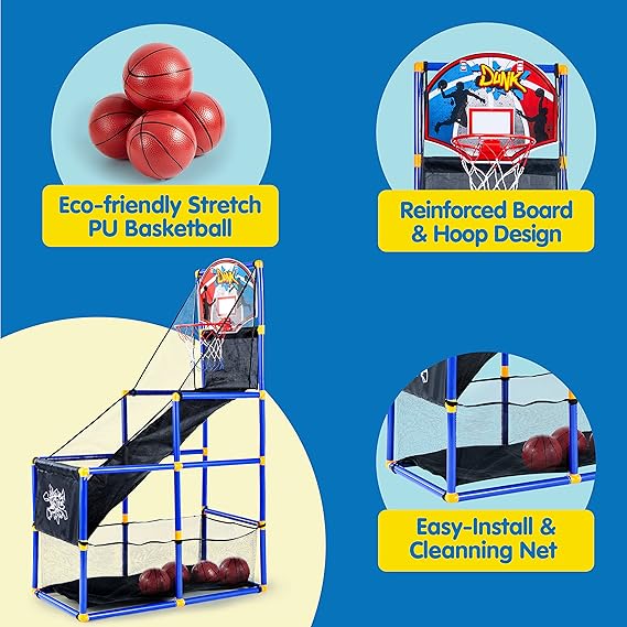 Basketball Game Set with 4 Balls and Hoop for Kids 3 to 12 Years Old Indoor Outdoor Sport Play - Easy Set Up - Air Pump Included - Ideal for Competition