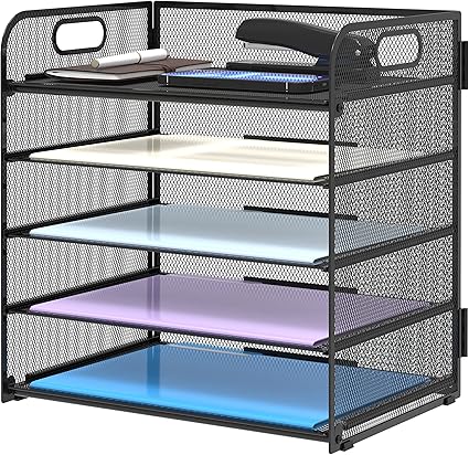 5 Trays Paper Organizer with Handle - Mesh Desk File/Letter Organizer,Black Paper Sorter for Office