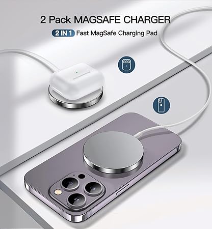 Magnetic Wireless Charger iPhone 15W Fast Apple Mag Safe Charger for iPhone 15/14/13/12 Series 2 Pack 5ft Cable Wireless Charging Pad for AirPods