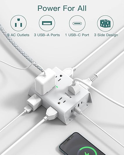 8 Widely Outlets with 4 USB Ports(1 USB C Outlet), Addtam 3-Side Outlet Extender Strip with 5Ft Extension Cord, Flat Plug, Wall Mount for Dorm Home Office