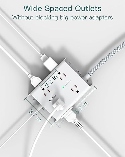 8 Widely Outlets with 4 USB Ports(1 USB C Outlet), Addtam 3-Side Outlet Extender Strip with 5Ft Extension Cord, Flat Plug, Wall Mount for Dorm Home Office