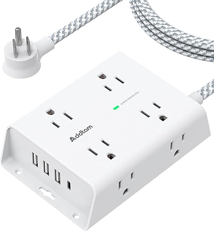 8 Widely Outlets with 4 USB Ports(1 USB C Outlet), Addtam 3-Side Outlet Extender Strip with 5Ft Extension Cord, Flat Plug, Wall Mount for Dorm Home Office