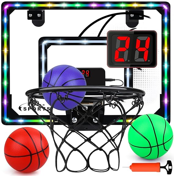 Basketball Hoop Indoor for Kids,LED Light Mini Basketball Hoop with 3 Balls & Electronic Scoreboard,Over The Door Basketball Hoop,Basketball Toys Gift