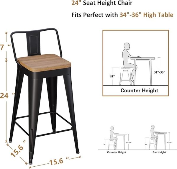 Metal Bar Stools Set of 4 Counter Height Bar Stools Barstools with Removable Back 24" Kitchen Bar Stools with Wooden Seat