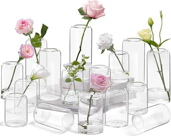 Bud Vases in Bulk Set of 16, Modern Small Glass Vases for Flower Clear Bud Vases for Wedding Centerpiece, Modern Blown Small Vase