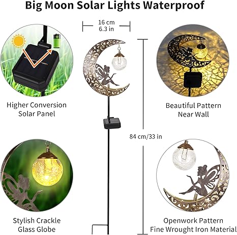 Solar Garden Lights Outdoor Decor,Moon Fairy Crackle Glass Lights,Waterproof Warm White LED Metal Stake