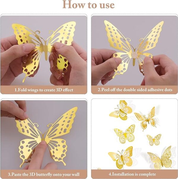 3D Butterfly Wall Decor 48 Pcs 4 Styles 3 Sizes, Gold Butterfly Decorations for Butterfly Birthday