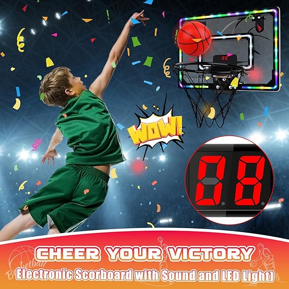 Basketball Hoop Indoor for Kids,LED Light Mini Basketball Hoop with 3 Balls & Electronic Scoreboard,Over The Door Basketball Hoop,Basketball Toys Gift