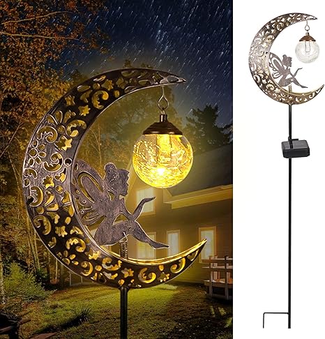 Solar Garden Lights Outdoor Decor,Moon Fairy Crackle Glass Lights,Waterproof Warm White LED Metal Stake