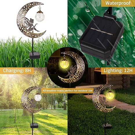 Solar Garden Lights Outdoor Decor,Moon Fairy Crackle Glass Lights,Waterproof Warm White LED Metal Stake