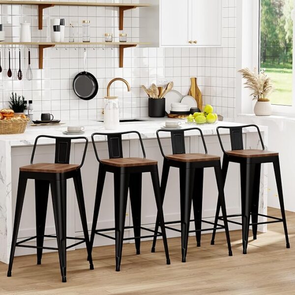 Metal Bar Stools Set of 4 Counter Height Bar Stools Barstools with Removable Back 24" Kitchen Bar Stools with Wooden Seat