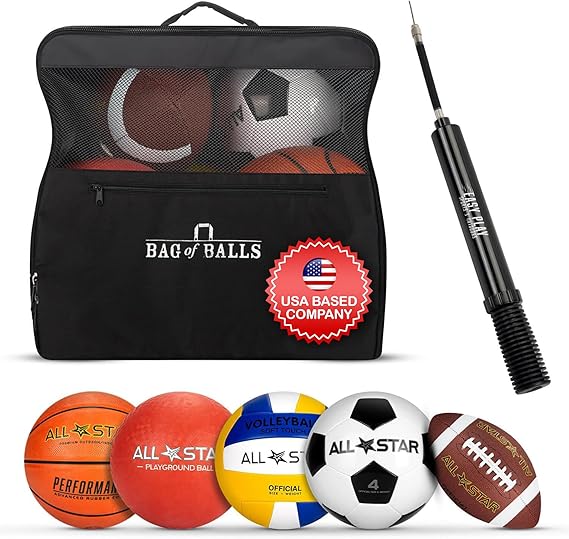 Complete Sports Balls w/Bag, Pump for Boys - Kickball, Volleyball, Soccer Ball, Football, Basketball - Outdoor Play