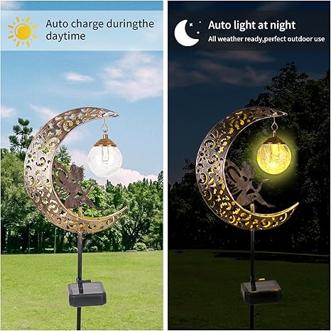 Solar Garden Lights Outdoor Decor,Moon Fairy Crackle Glass Lights,Waterproof Warm White LED Metal Stake