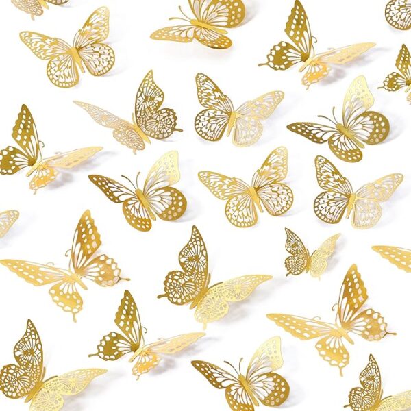 3D Butterfly Wall Decor 48 Pcs 4 Styles 3 Sizes, Gold Butterfly Decorations for Butterfly Birthday