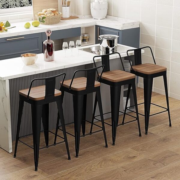 Metal Bar Stools Set of 4 Counter Height Bar Stools Barstools with Removable Back 24" Kitchen Bar Stools with Wooden Seat