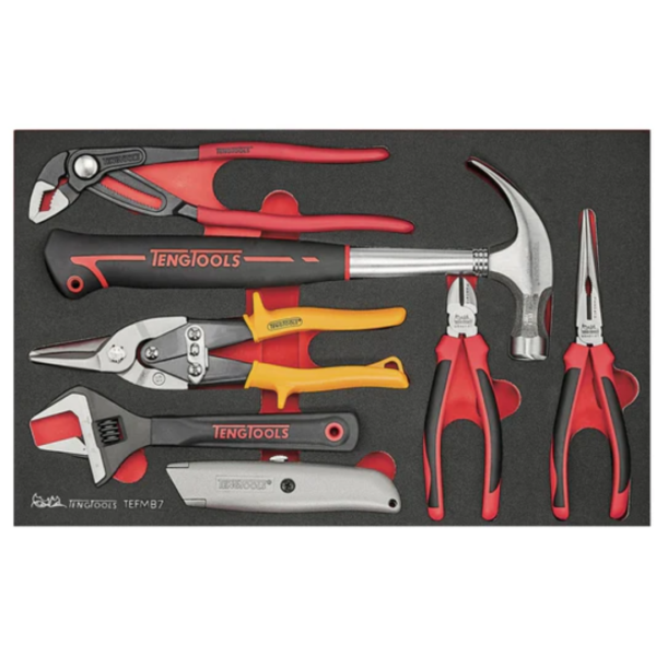 Teng Tools 7 Piece Claw Hammer, Adjustable Wrench, Utility Knife, Tin Snips and Plier EVA Foam Tray - TEFMB7